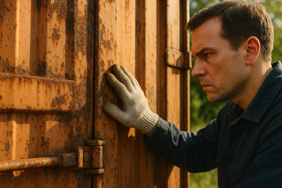 A person in work gloves inspects a rusted cargo container panel, showing wear and tear, with greenery in the background.