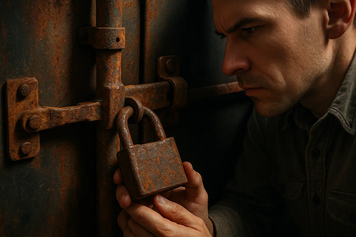 A person examines a rusted cargo container lock, emphasizing the importance of security in buying containers.