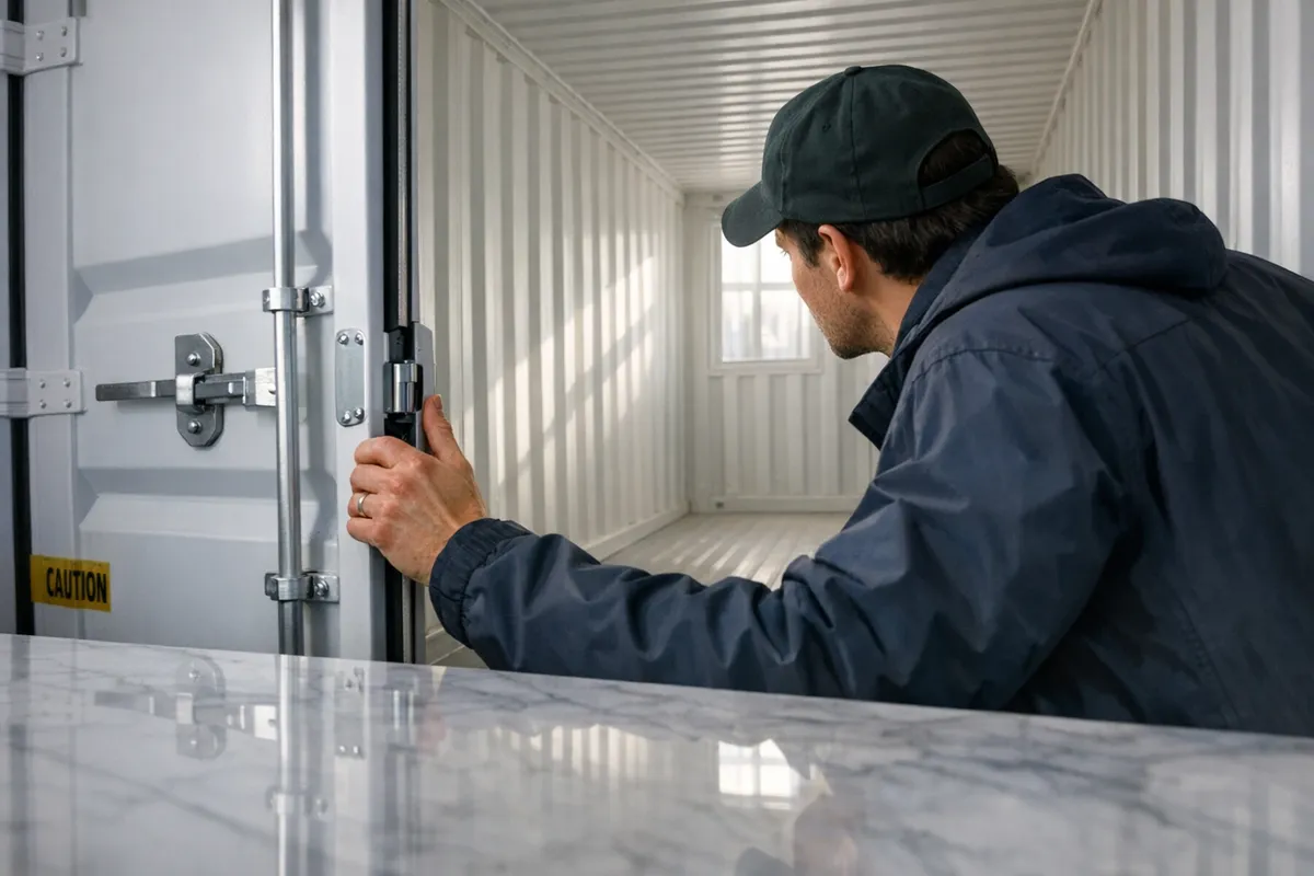 A person opens a one-trip shipping container door, revealing clean walls and a bright interior.