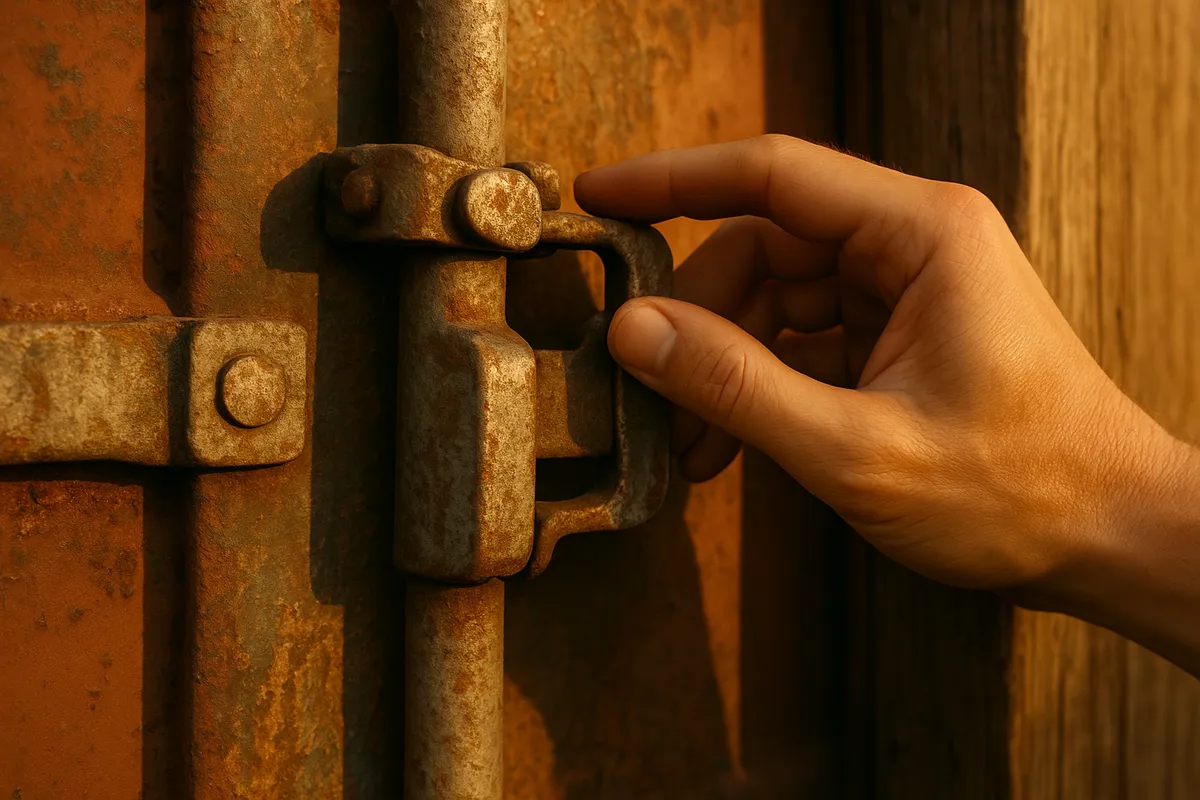 A hand adjusts a weathered cargo container lock in warm light, symbolizing readiness for business expansion.