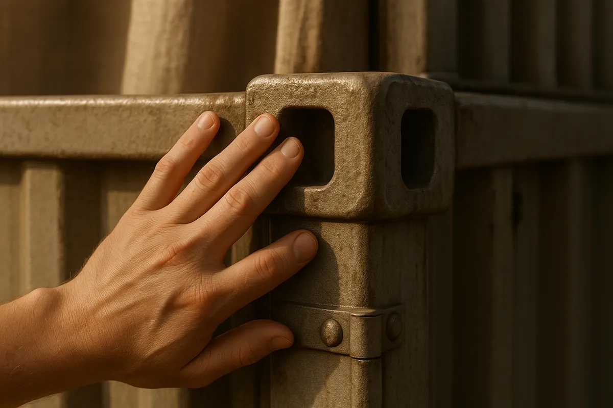 Close-up of a strong cargo container corner fitting, highlighting its texture and durability in a warm setting.