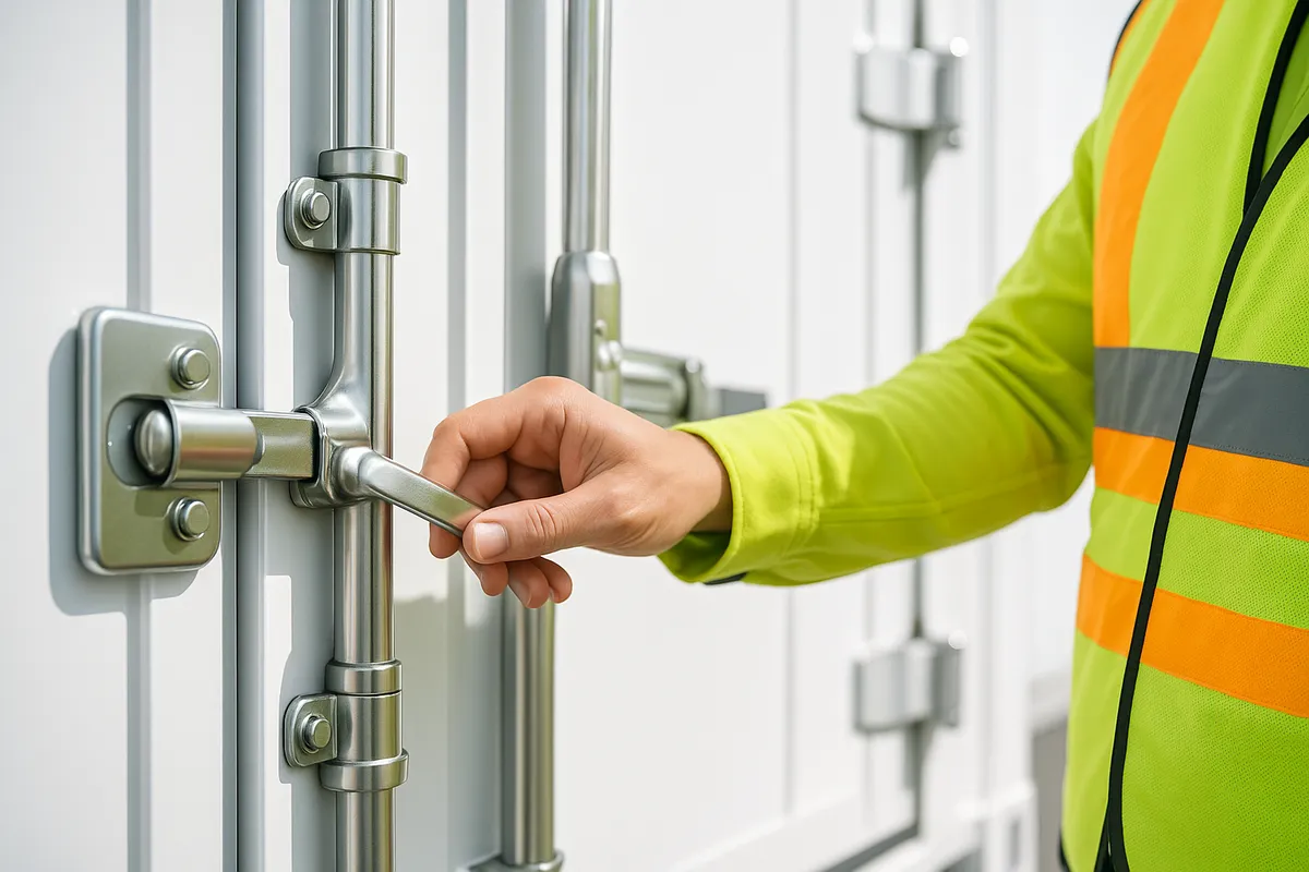 A worker in a safety vest adjusts a modern cargo container door handle, highlighting its sleek design.