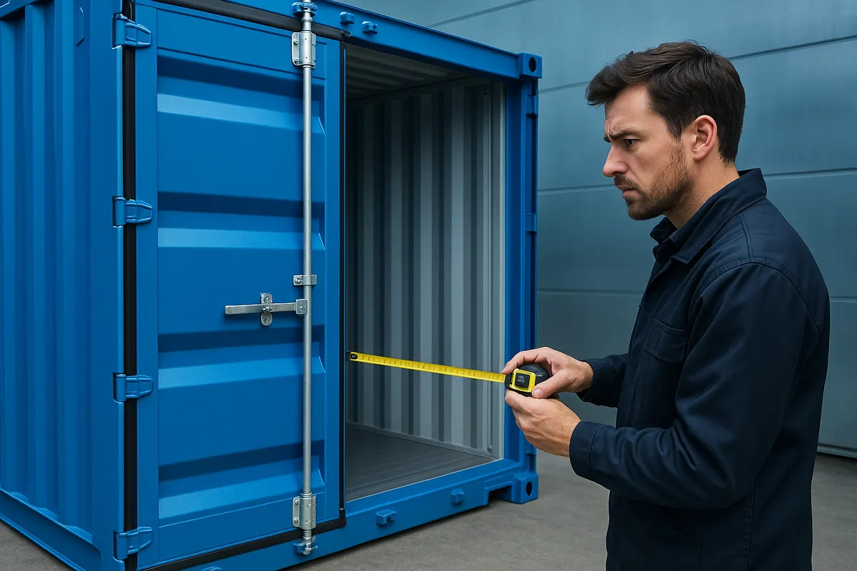 A blue shipping container is open halfway, revealing its spacious interior as a person measures its dimensions.